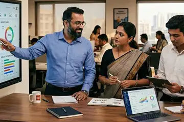 Indian enterprise professionals reviewing customer experience dashboard data in a modern office