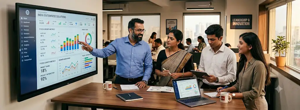 Indian enterprise professionals reviewing customer experience dashboard data in a modern office